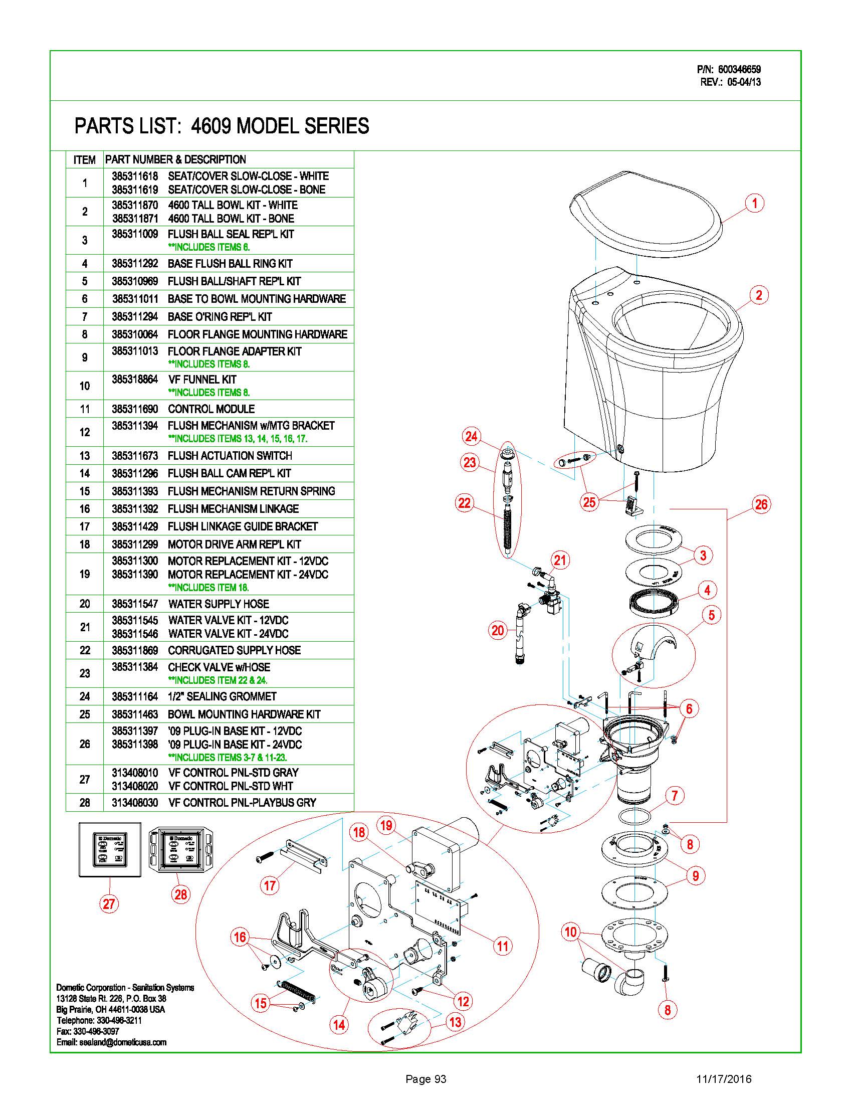 Sealand Dometic Vacuflush 4609 Toilet Spare Parts